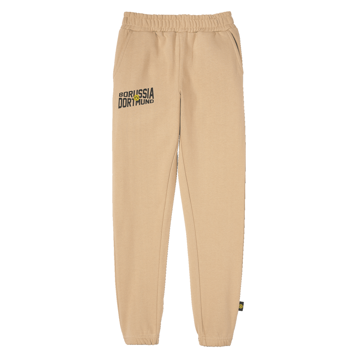Pantaloni della tuta beige per bambini con il logo del Borussia Dortmund, ideali per i tifosi del BVB e per le attività sportive.