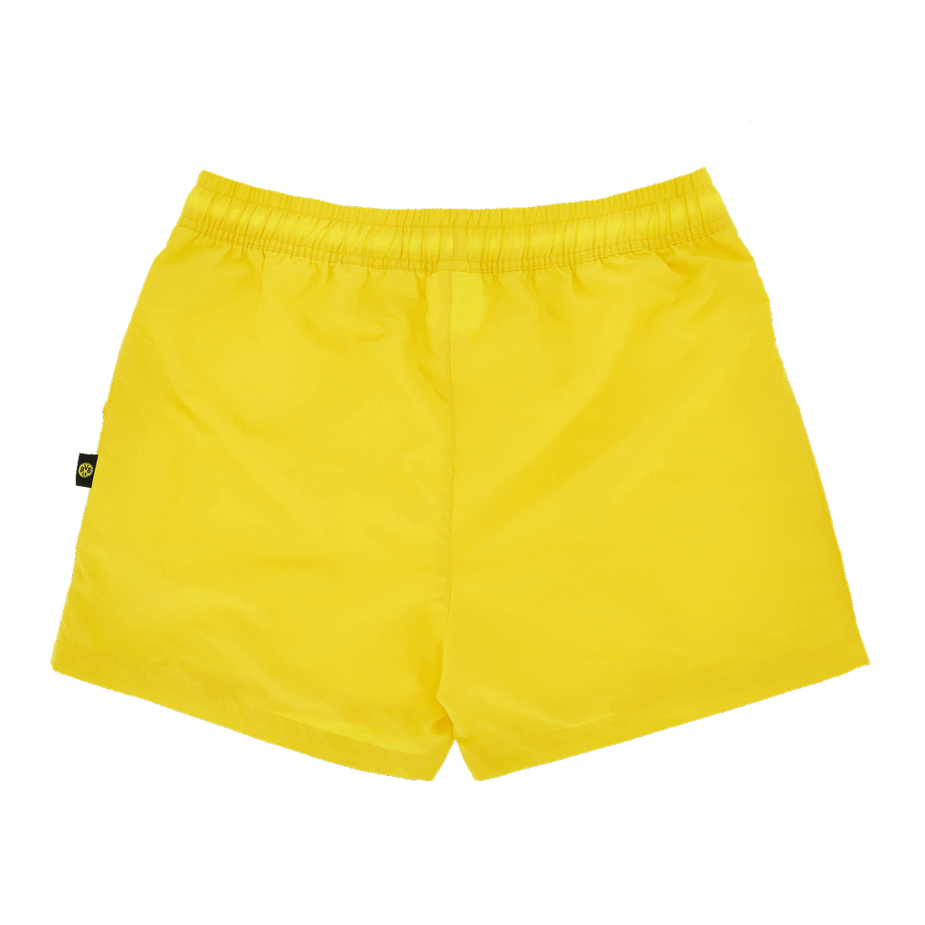 Yellow men's swim trunks with an elastic waistband, ideal for leisure and swimming.