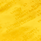 A close-up of yellow swim trunks featuring the Borussia Dortmund logo and a water-repellent finish.