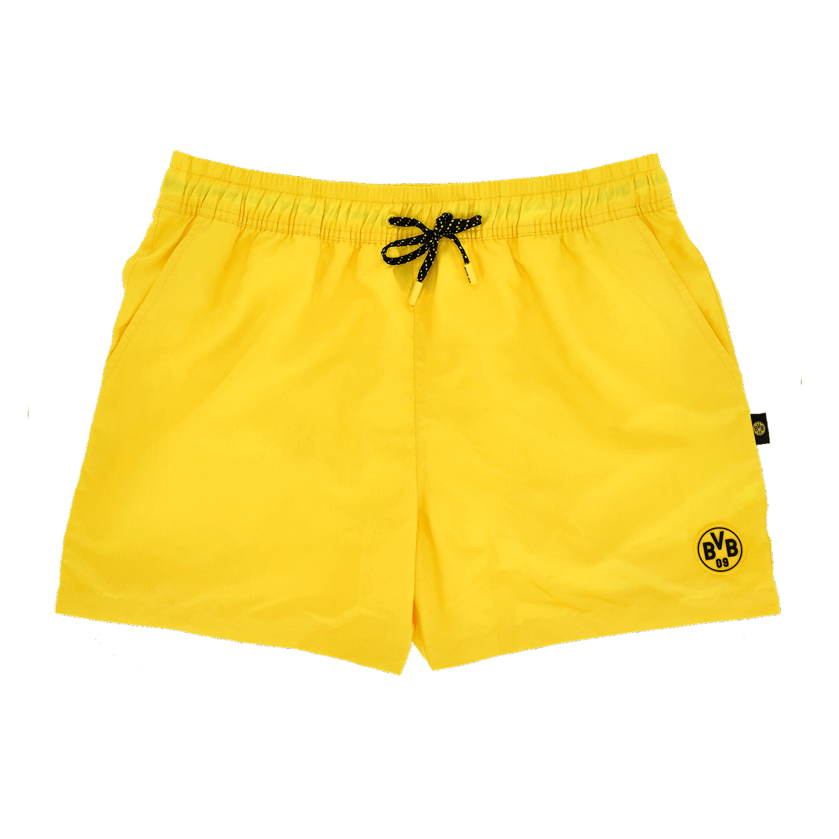 Gelbe Badehose für Herren mit schwarzem Kordelzug und BVB-Logo, ideal für den Sommer und Schwimmaktivitäten.