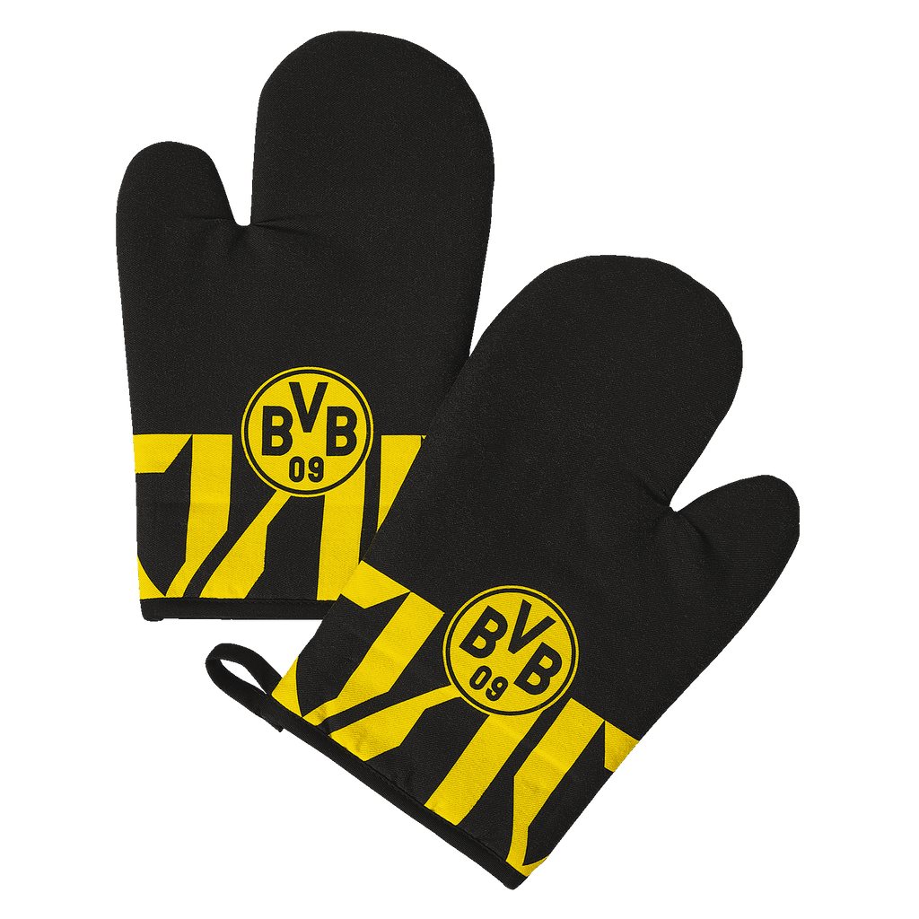 Schwarzgelbe BVB-Ofenhandschuhe mit prominentem BVB-Logo und Streifenmuster, ideal für Fans von Borussia Dortmund.