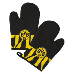 Guanti da forno del BVB nei colori nero e giallo, con il logo del BVB ben visibile e un motivo a strisce, ideali per i tifosi del Borussia Dortmund.