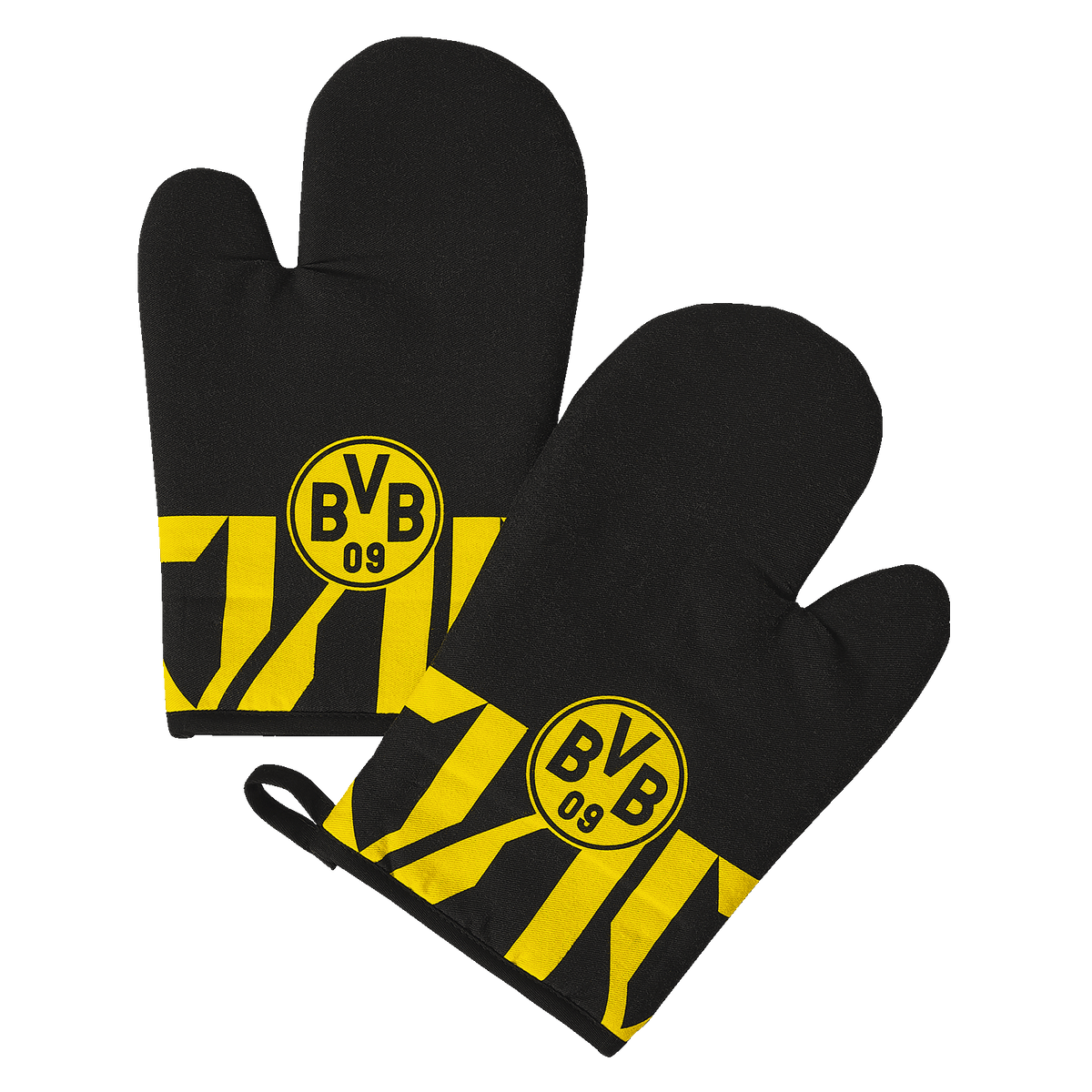 Guanti da forno del BVB nei colori nero e giallo, con il logo del BVB ben visibile e un motivo a strisce, ideali per i tifosi del Borussia Dortmund.