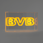 Lichtbox mit leuchtendem BVB Schriftzug in schwarzgelb, perfekt als dekorativer Fanartikel für Borussia Dortmund Anhänger.