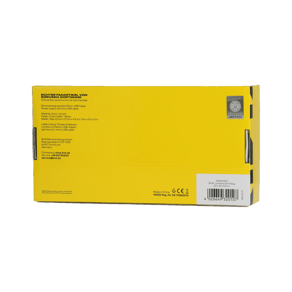 Verpackung einer gelben BVB Lichtbox mit Schriftzug, offizieller Borussia Dortmund Fanartikel aus Acryl mit LED-Beleuchtung, betrieben über USB-Kabel.
