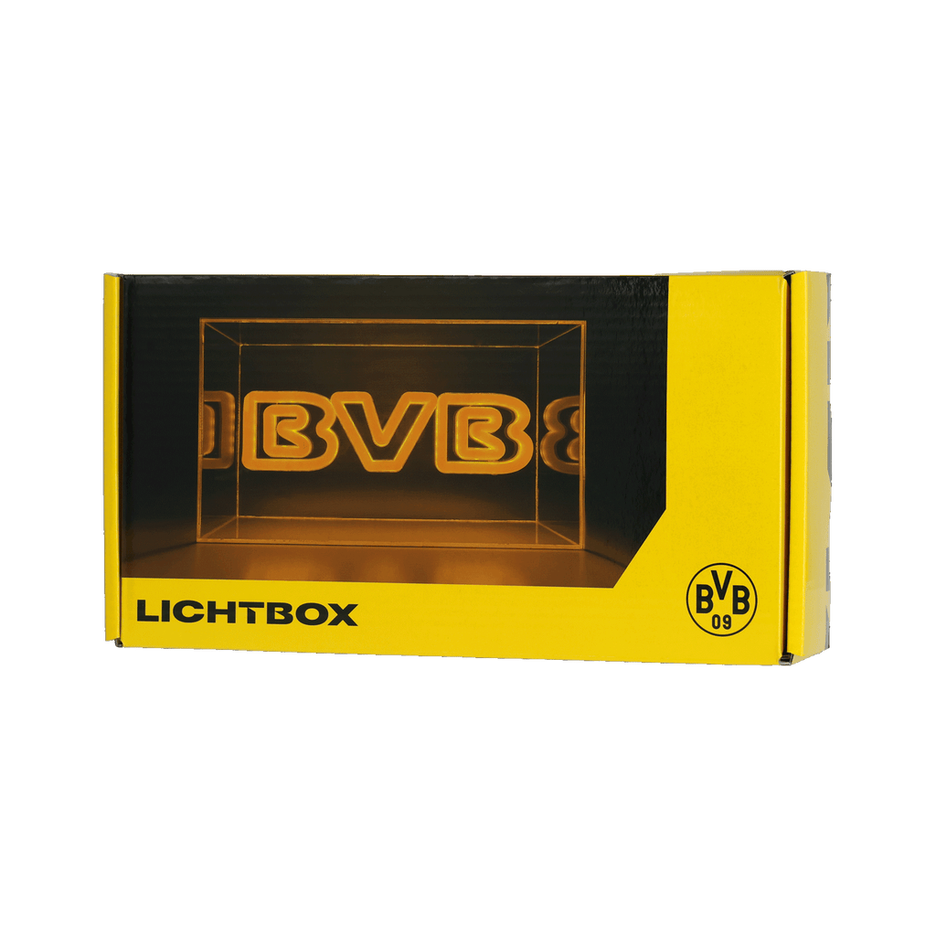 BVB Lichtbox mit leuchtendem Schriftzug, in gelb-schwarzer Verpackung mit BVB-Logo, ideal als Deko oder Geschenk für Borussia Dortmund Fans.