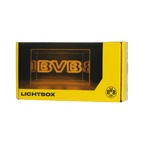 BVB Lichtbox mit leuchtendem Schriftzug, in gelb-schwarzer Verpackung mit BVB-Logo, ideal als Deko oder Geschenk für Borussia Dortmund Fans.