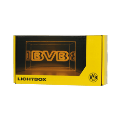 BVB light box with illuminated lettering, in yellow-and-black packaging featuring the BVB logo, ideal as a decoration or gift for Borussia Dortmund fans.