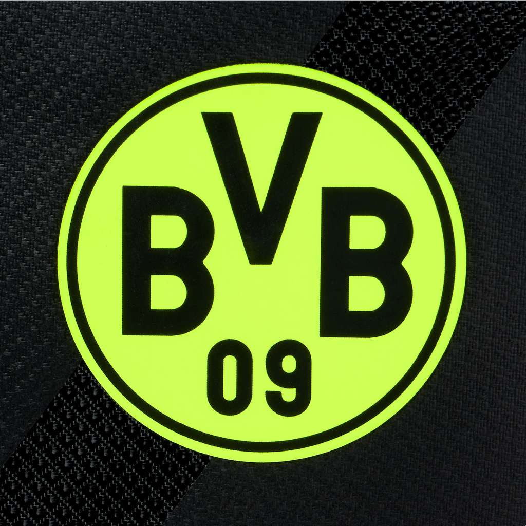 Bolsa de deporte del BVB en negro y amarillo con el logotipo del BVB 09 en colores neón, ideal para los aficionados del Borussia Dortmund.