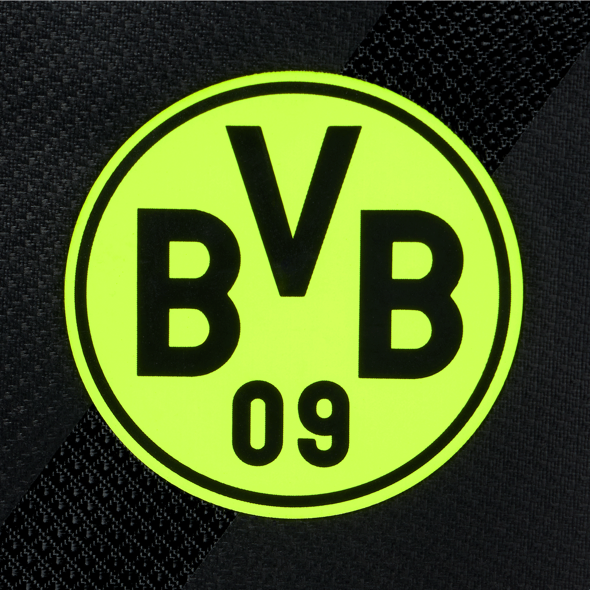 Bolsa de deporte del BVB en negro y amarillo con el logotipo del BVB 09 en colores neón, ideal para los aficionados del Borussia Dortmund.