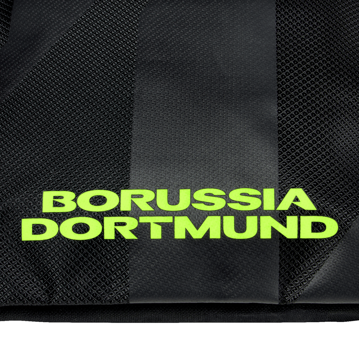Bolsa de deporte negra del BVB con el logotipo del Borussia Dortmund en color neón fluorescente.