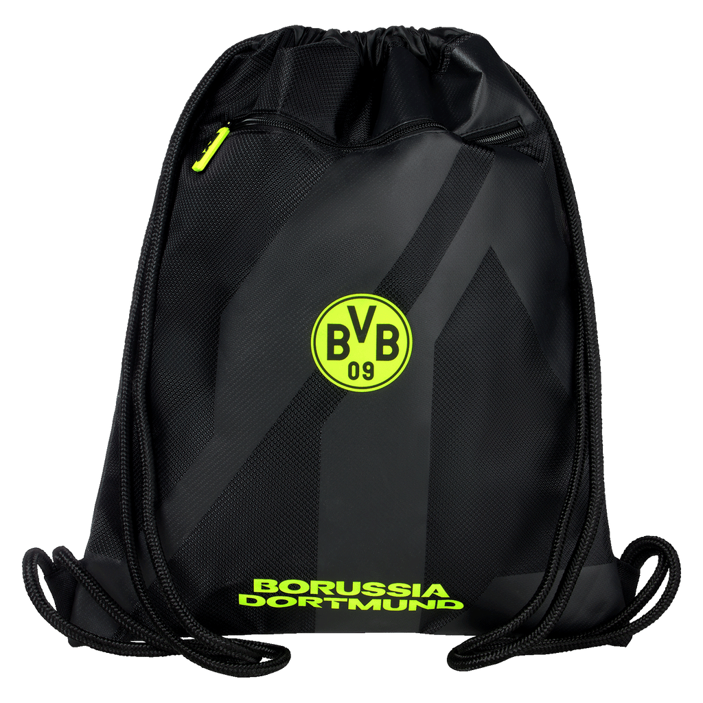 Bolsa de deporte negra y amarilla del Borussia Dortmund con un llamativo logotipo «BVB 09» y el nombre del Borussia Dortmund, ideal para los aficionados.