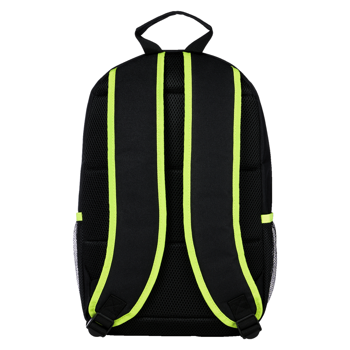 Vista posteriore dello zaino del BVB nei colori nero e giallo con dettagli fluo, ideale per i tifosi del Borussia Dortmund.