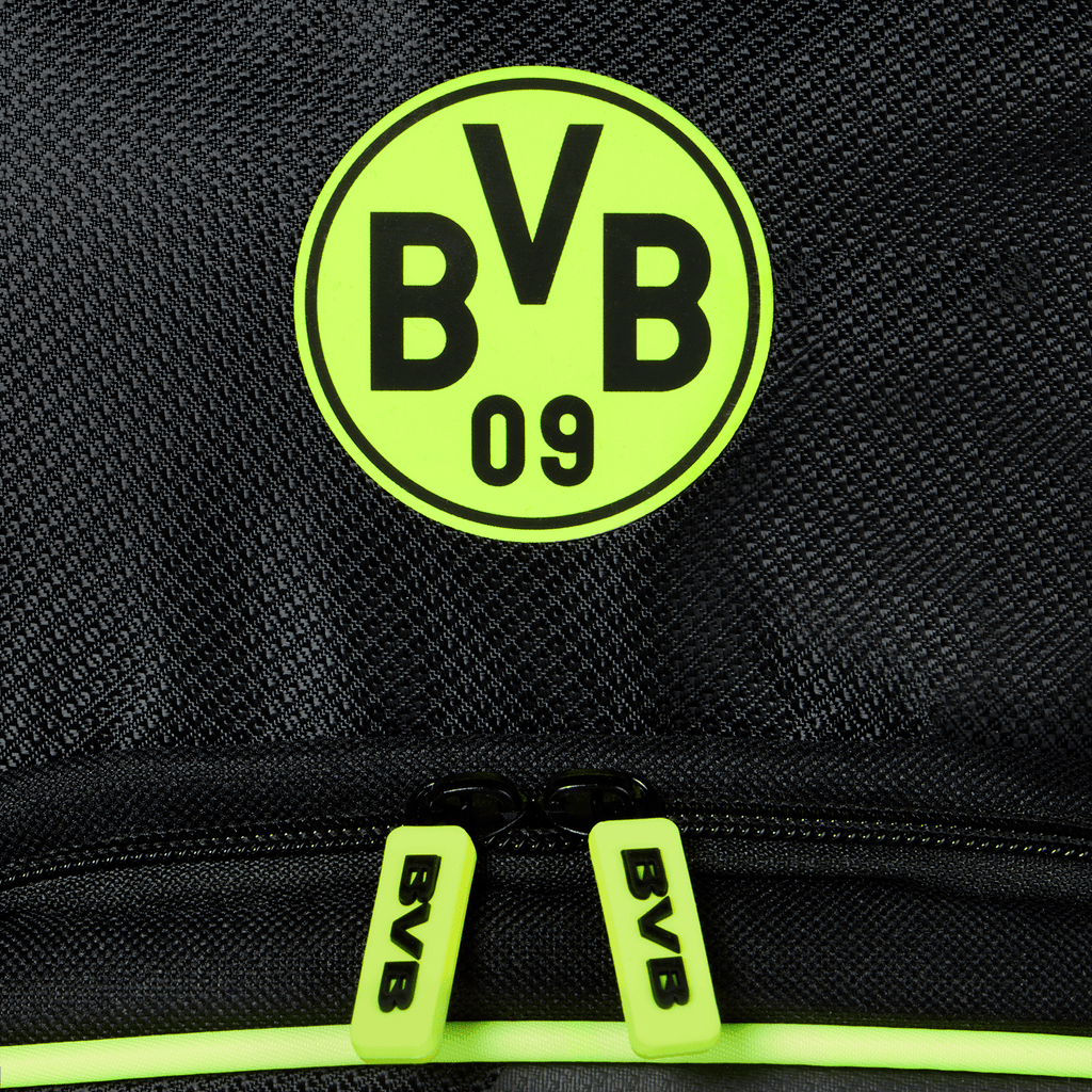 Sac à dos du BVB arborant le célèbre logo « BVB 09 » et des détails jaune fluo, idéal pour les supporters du Borussia Dortmund.