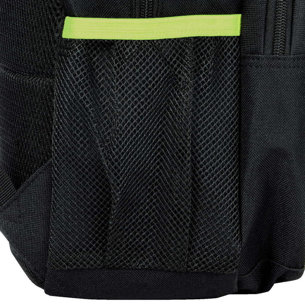 Zaino nero del Borussia Dortmund dal design moderno, con una striscia decorativa giallo neon e scomparti in rete.