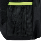 Zaino nero del Borussia Dortmund dal design moderno, con una striscia decorativa giallo neon e scomparti in rete.