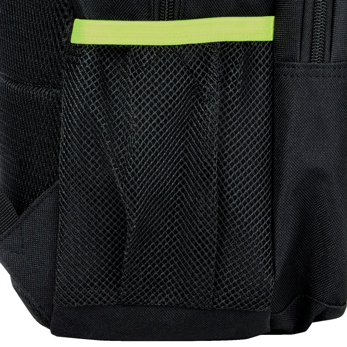 Schwarzer Rucksack von Borussia Dortmund in modernem Design mit neongelber Zierleiste und Netzfächern.