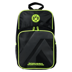 Mochila del BVB en colores negro y amarillo con el logotipo del Borussia Dortmund, detalles en colores neón y un diseño moderno, ideal para los aficionados.