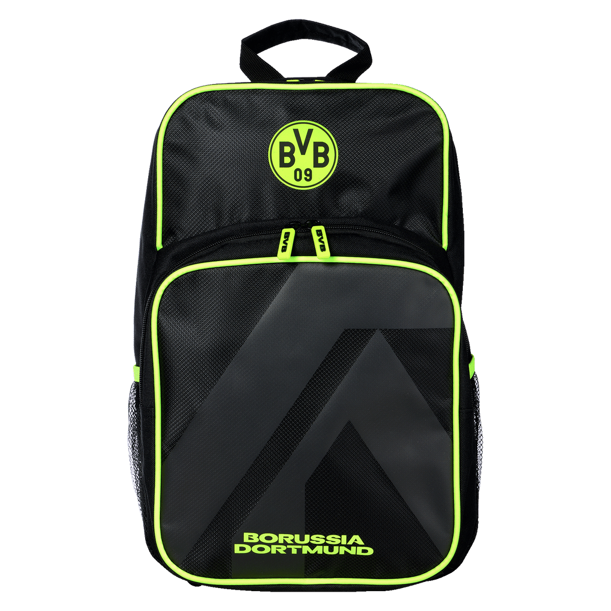 Zaino del BVB nei colori nero e giallo con il logo del Borussia Dortmund, dettagli dai colori fluo e un design moderno, ideale per i tifosi.