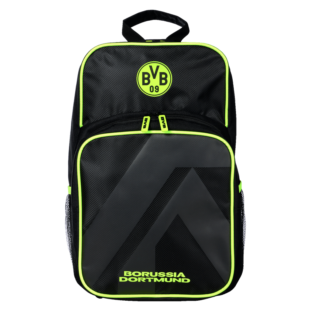 Schwarzgelber BVB-Rucksack mit Borussia Dortmund Logo, neonfarbenen Akzenten und modernem Design, ideal für Fans.