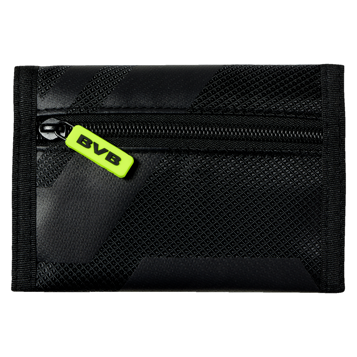Portafoglio nero del BVB con cerniera dai colori fluo e design moderno, ideale per i tifosi.