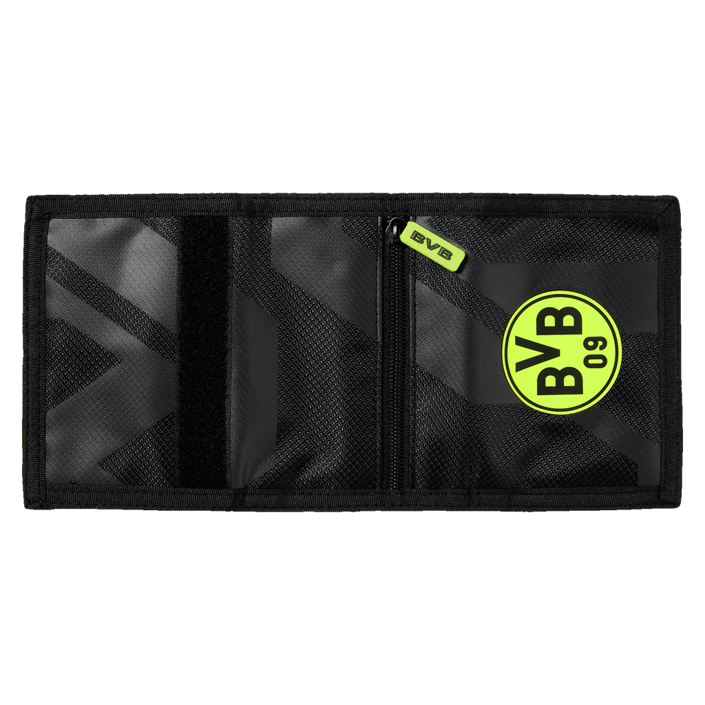 Portafoglio nero del BVB dal moderno design al neon, con il logo BVB 09 e numerosi scomparti per carte e contanti.