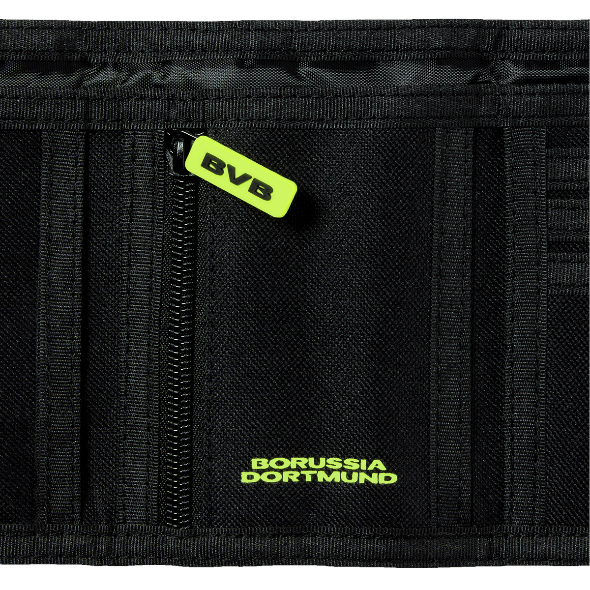 Portafoglio nero con design BVB, con la scritta “Borussia Dortmund” in giallo neon e un ciondolo per la cerniera con il logo BVB.