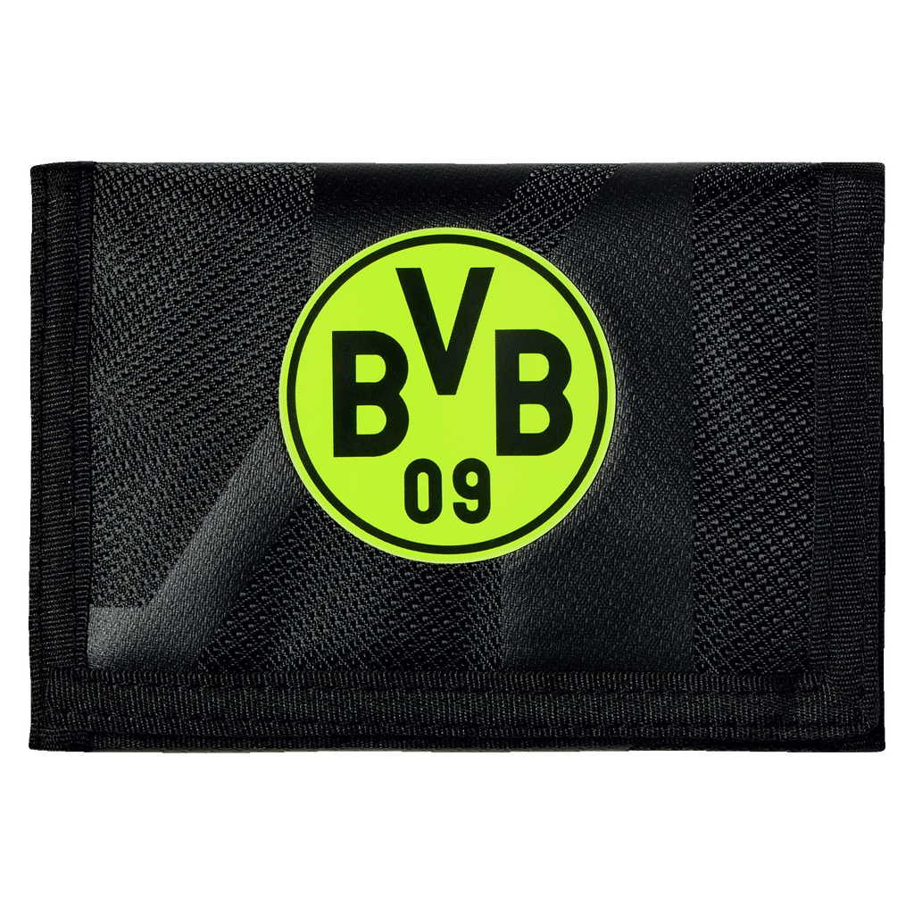 Portamonete del BVB nero e giallo con logo BVB al neon, ideale come gadget per i tifosi o come regalo.