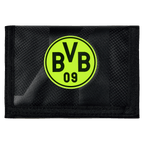 Portamonete del BVB nero e giallo con logo BVB al neon, ideale come gadget per i tifosi o come regalo.