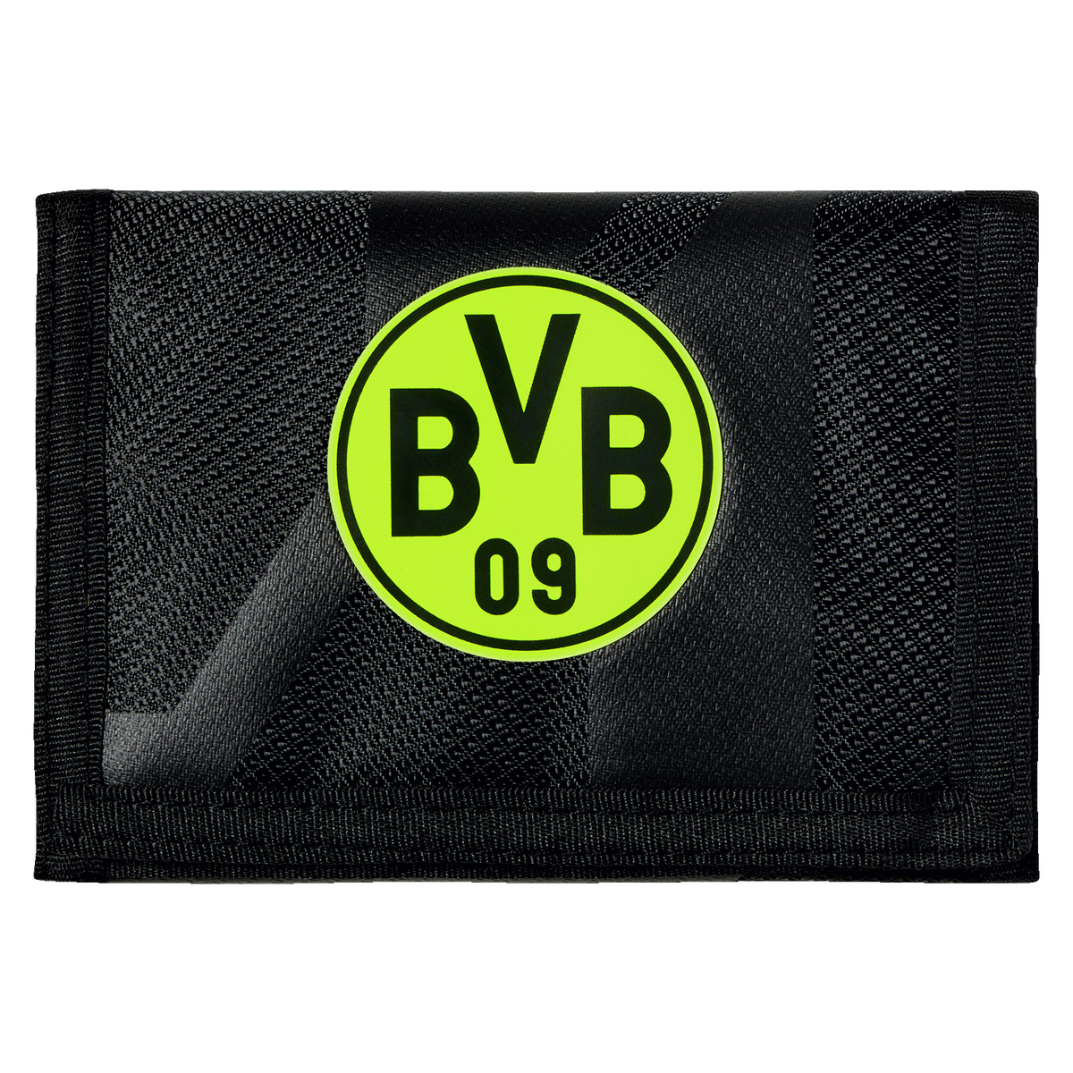 Portamonete del BVB nero e giallo con logo BVB al neon, ideale come gadget per i tifosi o come regalo.
