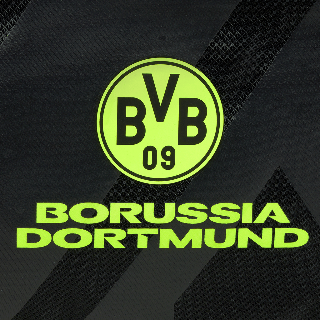 Sac de sport noir orné du logo BVB-09 aux couleurs fluo et de l'inscription « Borussia Dortmund », idéal pour les supporters et les loisirs.