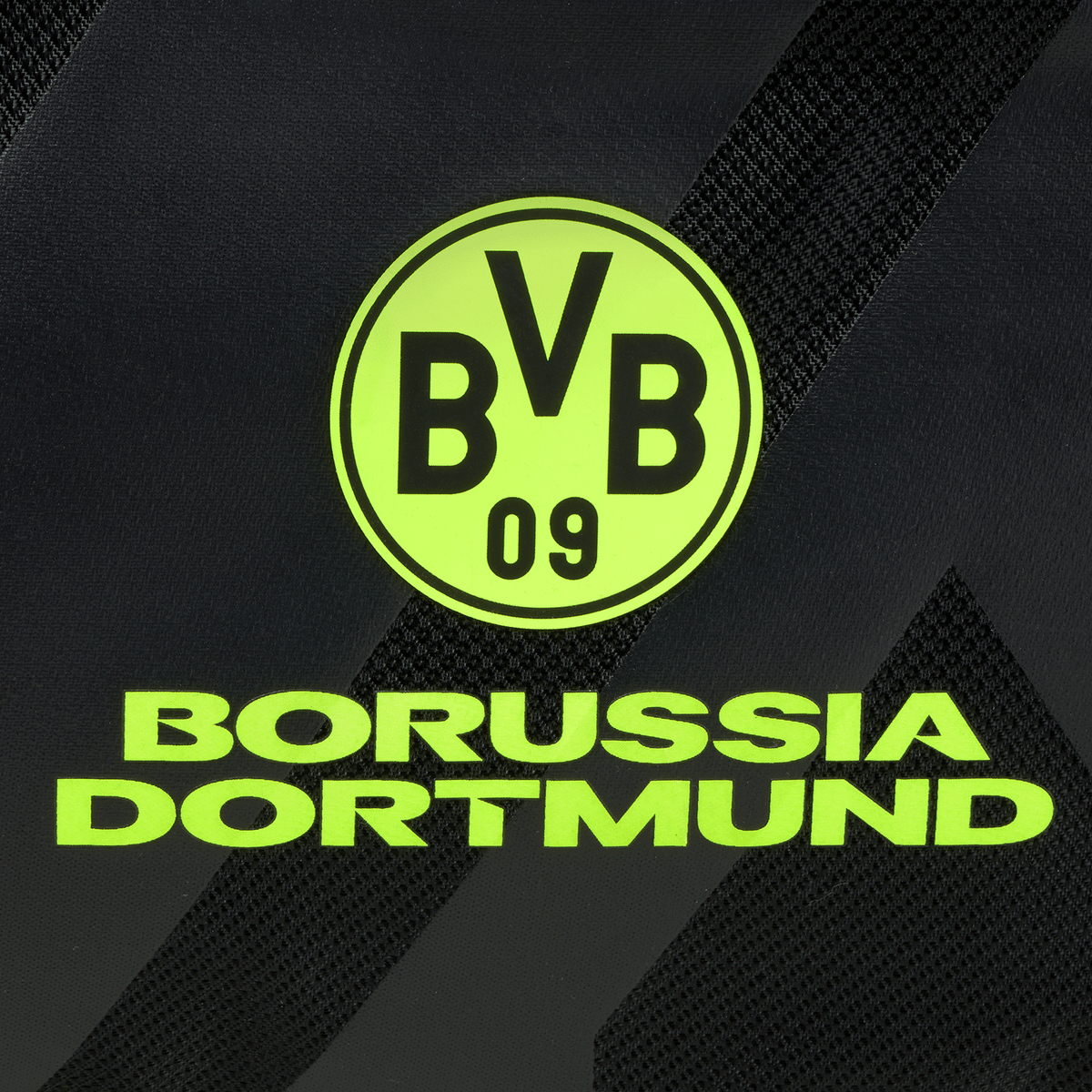 Black gym bag with a neon-colored BVB-09 logo and "Borussia Dortmund" lettering, ideal for fans and leisure activities.