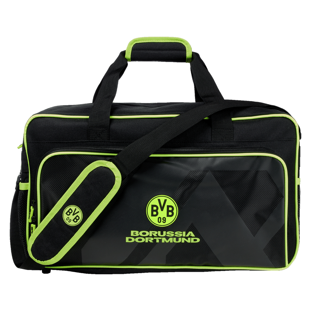 Sac de sport noir du BVB avec des touches de jaune fluo, le logo du BVB et l'inscription « Borussia Dortmund », idéal pour les supporters et les activités sportives.