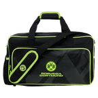 Sac de sport noir du BVB avec des touches de jaune fluo, le logo du BVB et l'inscription « Borussia Dortmund », idéal pour les supporters et les activités sportives.