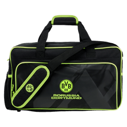 ネオンイエローのアクセントが効いた黒のBVBスポーツバッグ。BVBのロゴと「Borussia Dortmund」の文字が入っており、ファンやスポーツ活動に最適です。