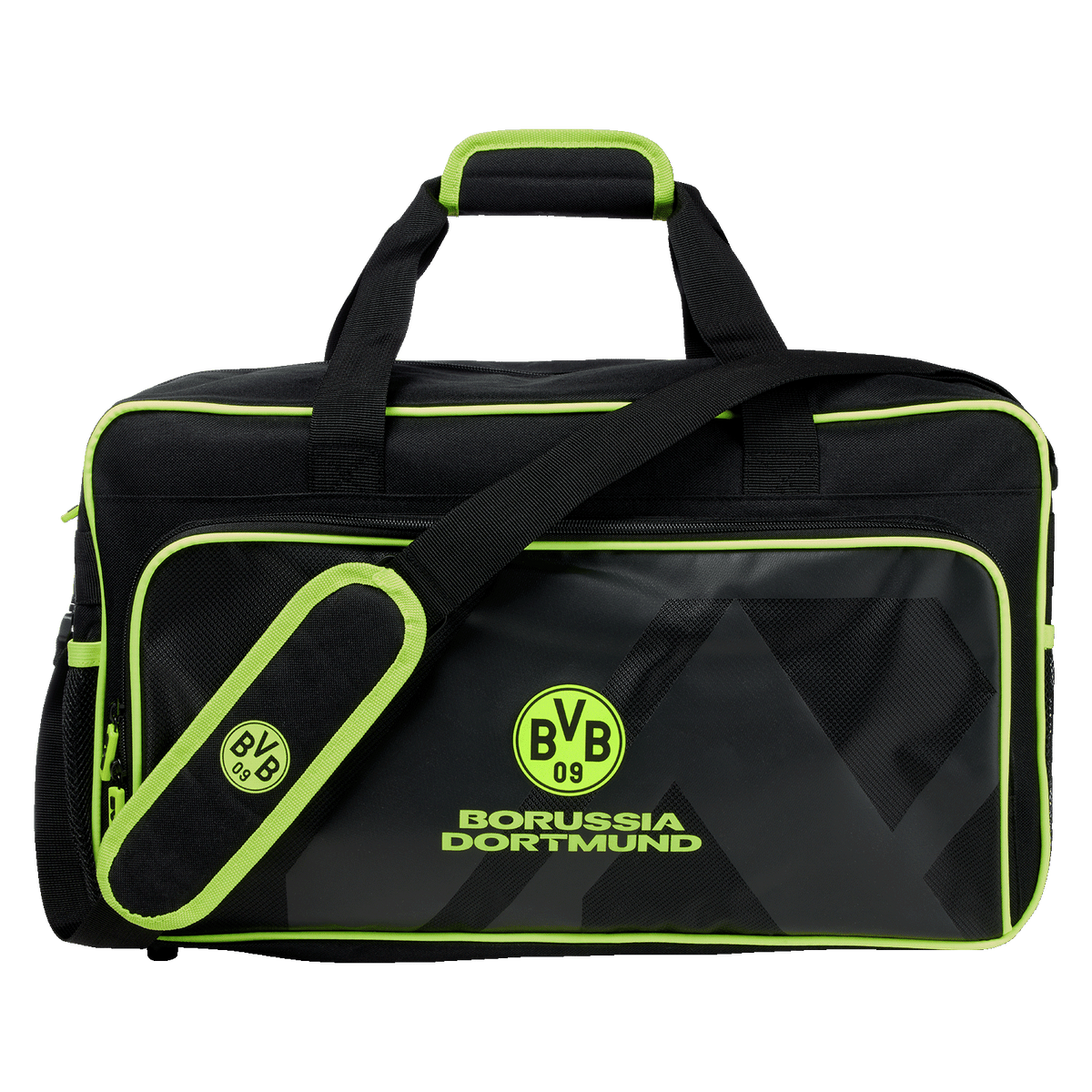 ネオンイエローのアクセントが効いた黒のBVBスポーツバッグ。BVBのロゴと「Borussia Dortmund」の文字が入っており、ファンやスポーツ活動に最適です。