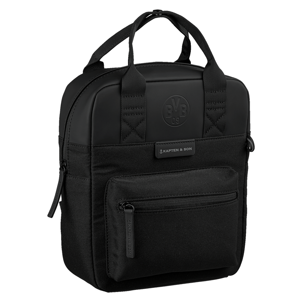 Schwarzer Rucksack Bergen Kids von Kapten & Son mit geprägtem BVB 09-Logo, vielseitiges Accessoire für junge Borussia Dortmund Fans.