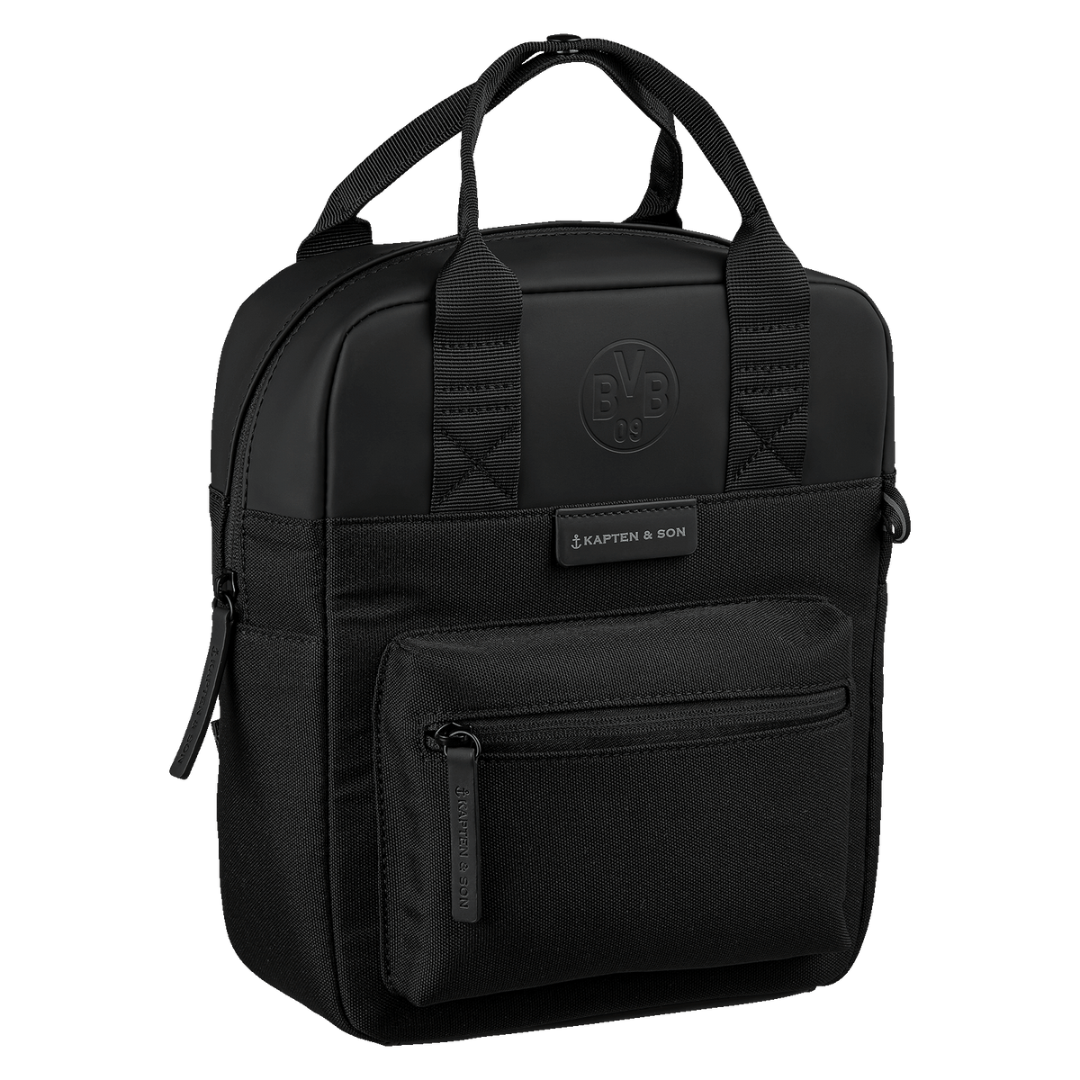 Schwarzer Rucksack Bergen Kids von Kapten & Son mit geprägtem BVB 09-Logo, vielseitiges Accessoire für junge Borussia Dortmund Fans.