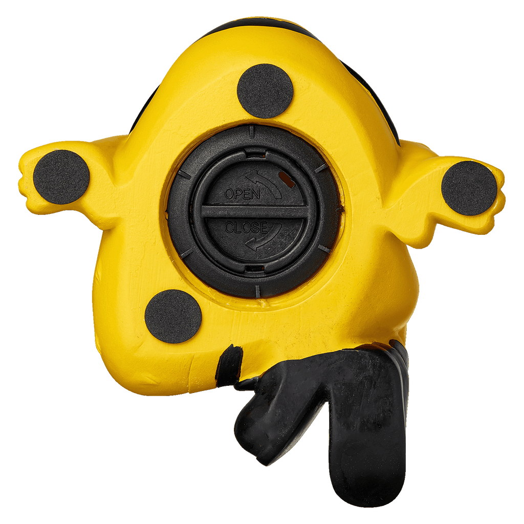 Hucha amarilla del Borussia Dortmund con forma de EMMA y diseño en negro y amarillo; en la parte trasera se aprecia un cierre giratorio.