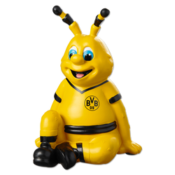 Un salvadanaio del BVB nei colori nero e giallo a forma di EMMA, l’ape mascotte del Borussia Dortmund, con il logo del BVB in evidenza.
