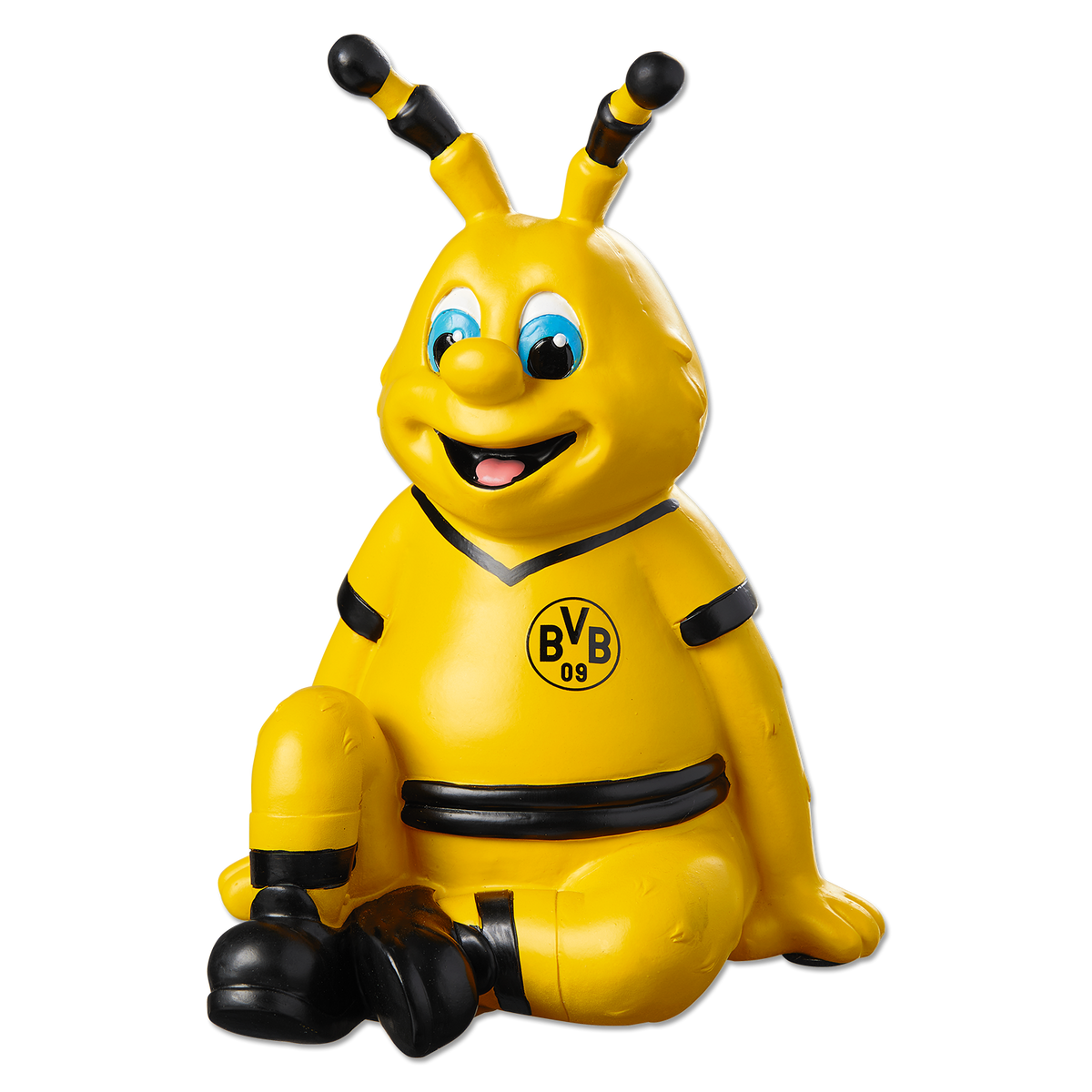 Un salvadanaio del BVB nei colori nero e giallo a forma di EMMA, l’ape mascotte del Borussia Dortmund, con il logo del BVB in evidenza.