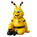 Una hucha del BVB en colores negro y amarillo con la forma de EMMA, la abeja del Borussia Dortmund, con el logotipo del BVB bien visible.