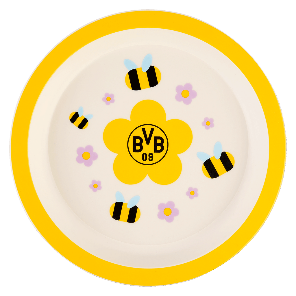Piatto rotondo per bambini del BVB nei colori sociali nero e giallo, con il logo del BVB e motivi floreali e di api, perfetto come gadget per i tifosi più piccoli.