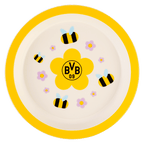 Piatto rotondo per bambini del BVB nei colori sociali nero e giallo, con il logo del BVB e motivi floreali e di api, perfetto come gadget per i tifosi più piccoli.