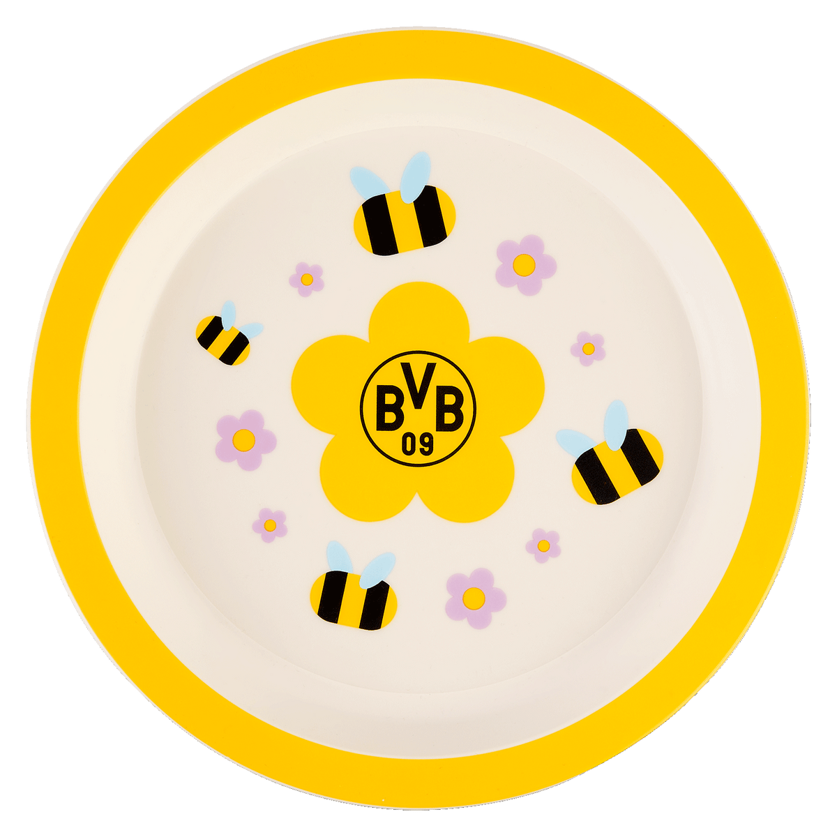 Runder BVB-Kinderteller in den Vereinsfarben schwarzgelb mit BVB-Logo, Bienen- und Blumenmotiven, perfekt als Fanartikel für Kinder.