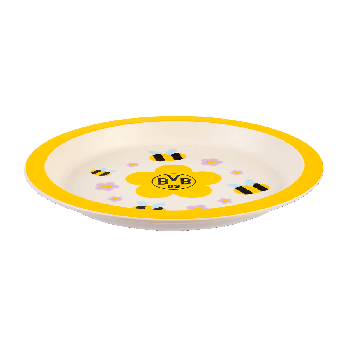 Piatto per bambini del BVB nei colori giallo e bianco, con motivi floreali e api e lo stemma del BVB, ideale come gadget per i piccoli tifosi.