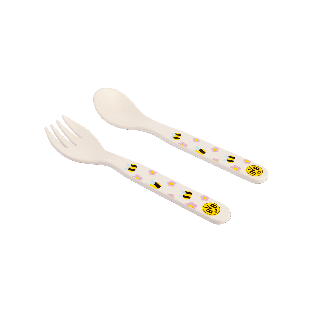 Forchetta e cucchiaio per bambini del set di posate per bambini del BVB, con il logo del BVB e un grazioso design nei colori nero e giallo, con tocchi di colore.
