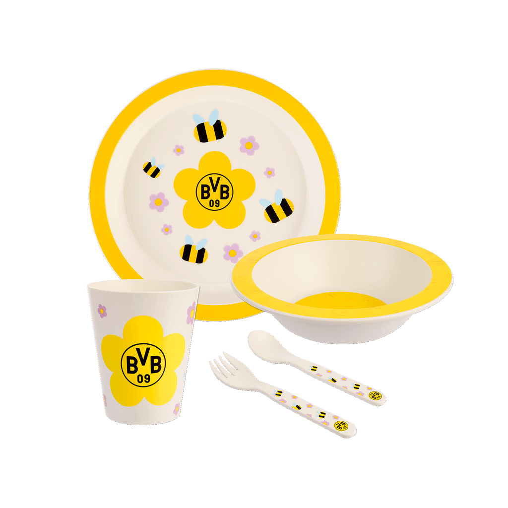 Set di stoviglie per bambini del BVB in cinque pezzi, nei colori nero e giallo, con il logo del BVB e un grazioso motivo a forma di ape, composto da un piatto, una ciotola, una tazza, una forchetta e un cucchiaio.