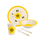 Set di stoviglie per bambini del BVB in cinque pezzi, nei colori nero e giallo, con il logo del BVB e un grazioso motivo a forma di ape, composto da un piatto, una ciotola, una tazza, una forchetta e un cucchiaio.