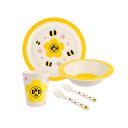 BVBのロゴと可愛いミツバチのモチーフをあしらった、黒と黄色の5点セットのBVBキッズ食器セット。お皿、ボウル、マグカップ、フォーク、スプーンで構成されています。